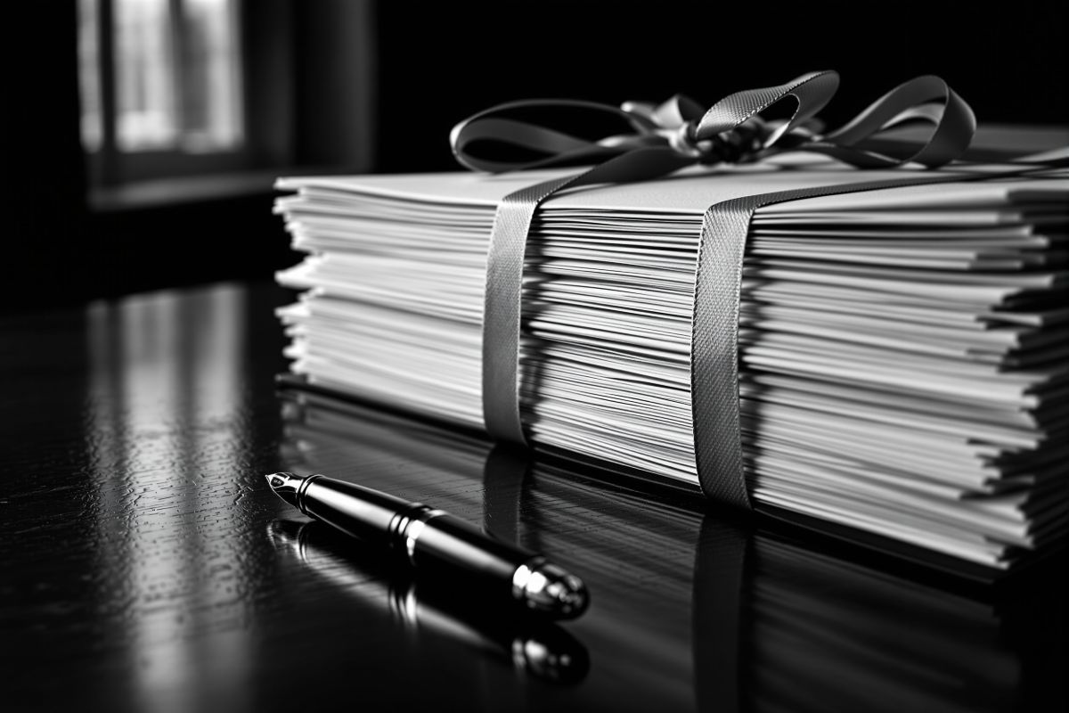 Expedientes atados con balduque sobre una mesa de madera oscura, junto a
                una pluma, con luz lateral marcando el canto del papel.