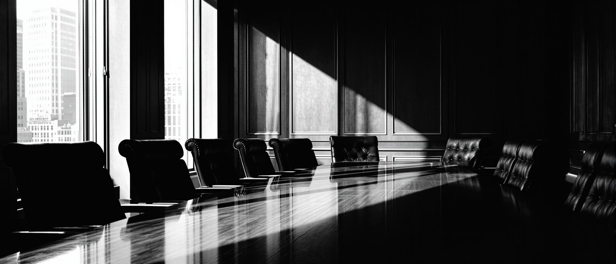 Sala de juntas de despacho vacía, con la mesa larga de madera oscura
        atravesada por un haz de luz que entra por los ventanales.
